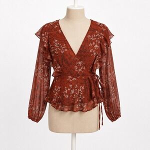 Floral Ruffle Wrap Top Sz M Red Long Sleeve Forest Fairy Grunge Granola Festival